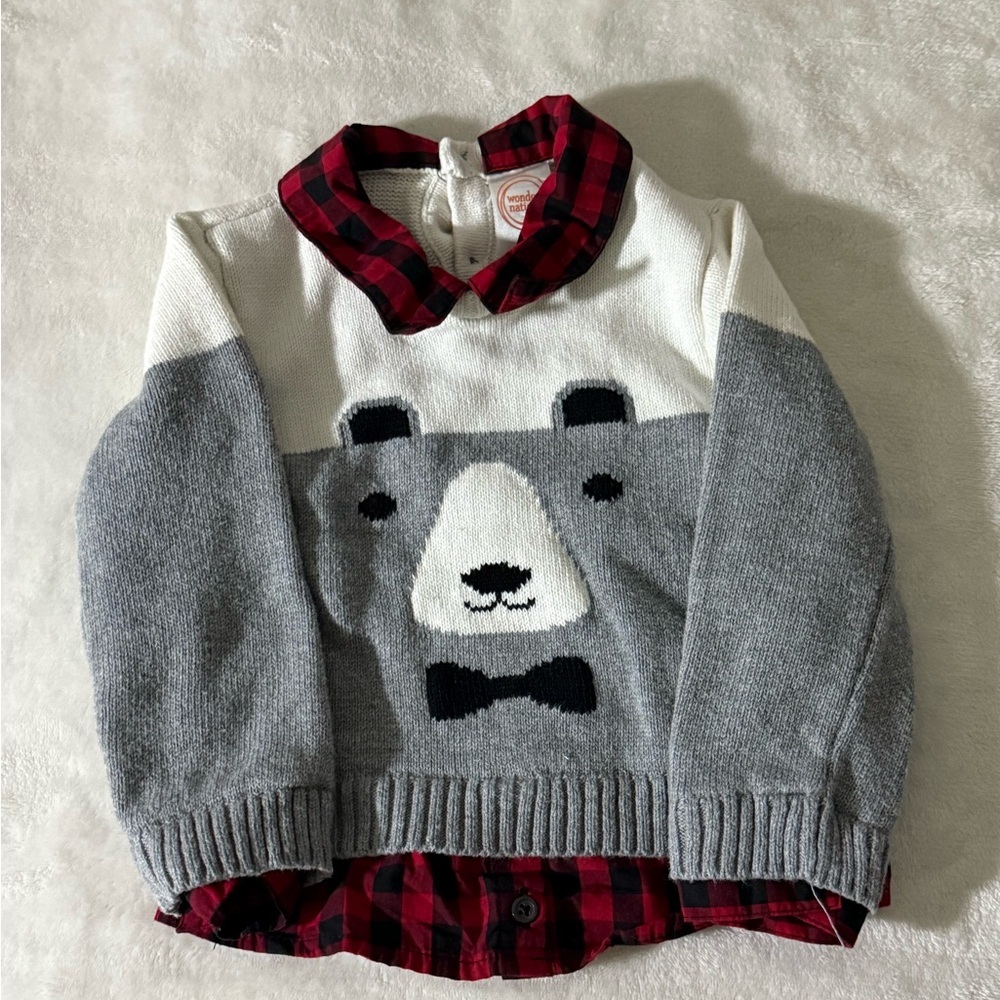 Wonder Nation Gray Bear Sweater with Red Plaid Accents